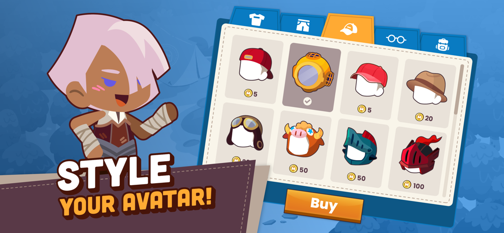 Mightier app screen showing avatar customization with various headwear options like hats and helmets