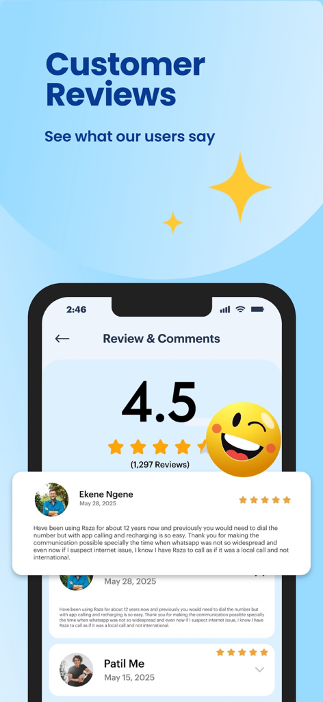 Raza.com International Calling - Raza international calling app user reviews screen showing a high rating and positive testimonial