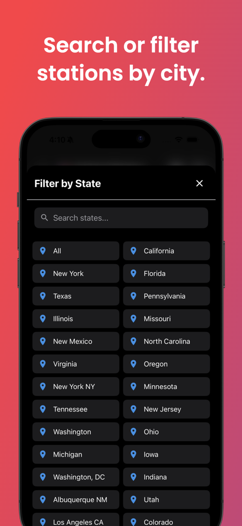 Radio App: Stations & Podcasts - Interface to search or filter radio stations by US state or city