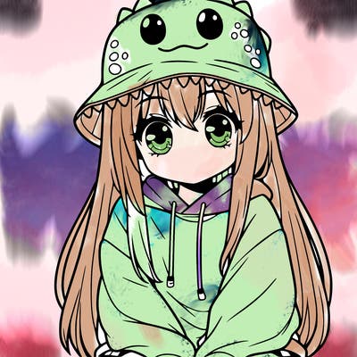 girl with anime shaped eyes with a dinosaur bucket hat oversized sweatshirt long straight hair