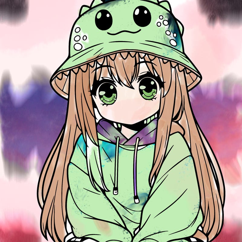 girl with anime shaped eyes with a dinosaur bucket hat oversized sweatshirt long straight hair