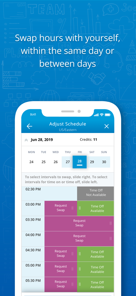 Mobile app screen for NiCE Employee Engagement Manager showing the adjust schedule interface with options to swap work hours and view time off availability.