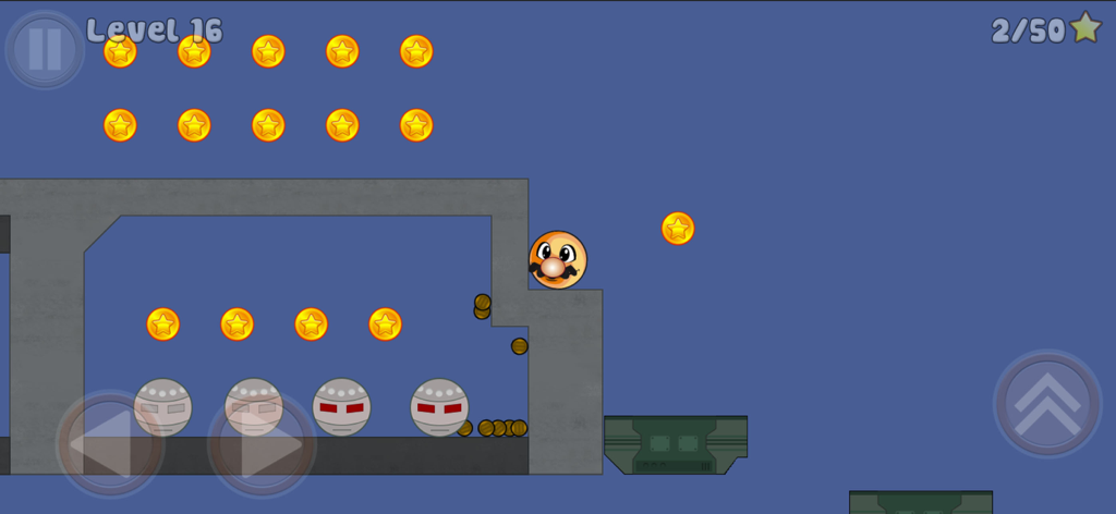 Hat BALL character with a mustache collecting gold coins in a platformer level with robot obstacles