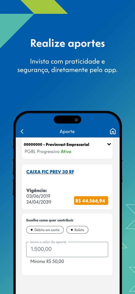 Captura de tela do aplicativo Caixa Vida e Previdência exibindo a interface de contribuição para um fundo de pensão privado.
