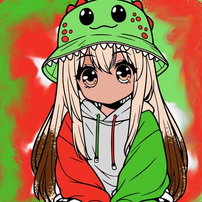 girl with anime shaped eyes with a dinosaur bucket hat oversized sweatshirt long straight hair