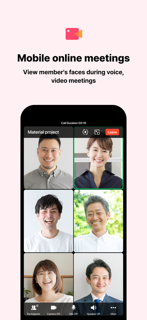 Interface de l'application mobile LINE WORKS montrant une réunion vidéo de groupe avec six participants