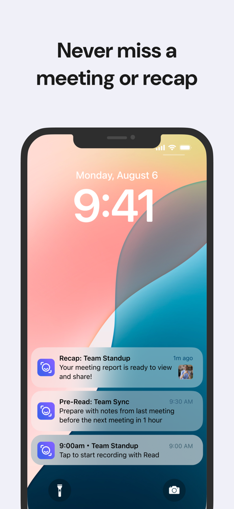Notificações do Read AI na tela de bloqueio de um iPhone para resumos de reunião e lembretes