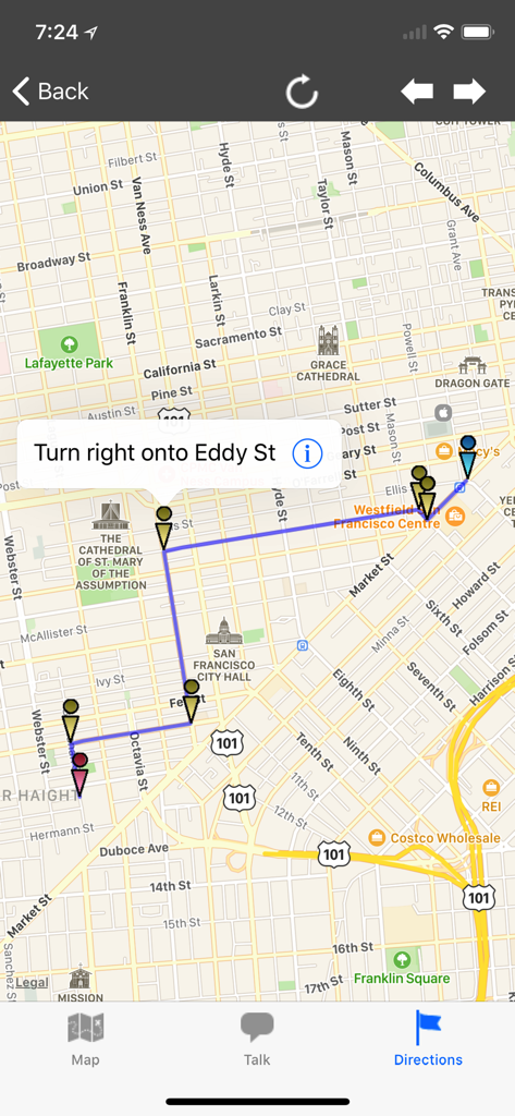 Interfaz de mapa de navegación que muestra una ruta con direcciones y ubicaciones de amigos