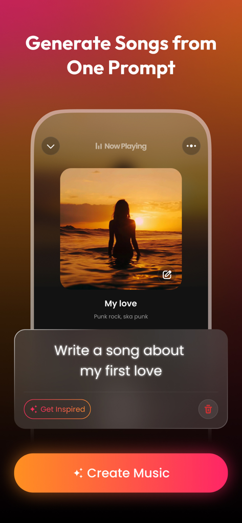 MuseO: AI Music Ringtone Maker - MuseO app screen showing a text prompt used to generate a punk rock song about first love.