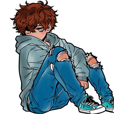 a male hoddie ripped jeans messy hair anime