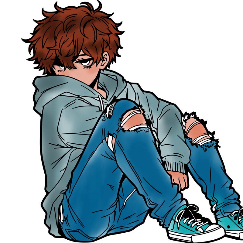 a male hoddie ripped jeans messy hair anime