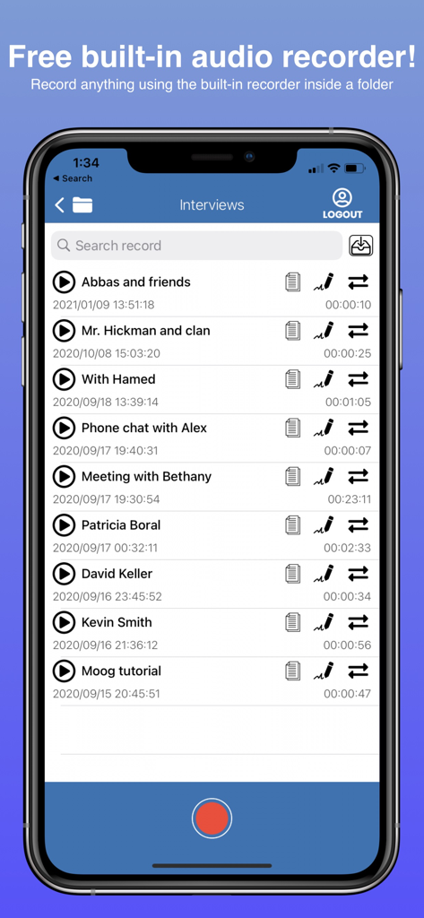 Audio Transcribe - SmartScribe - Aplicación móvil SmartScribe mostrando una lista de grabaciones de audio y un botón de grabar