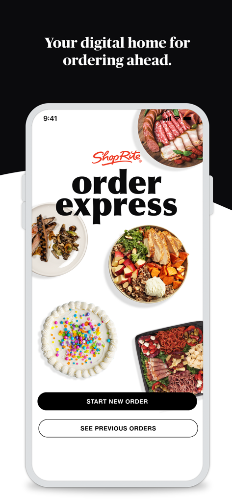 ShopRite Order Express - The ShopRite Order Express app home screen showing options for ordering deli items, meals, and custom cakes.