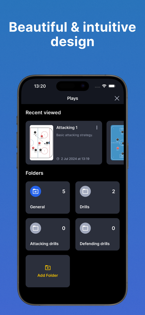 Coach Tactic Board: Hockey - Interface of the hockey coaching app showing folders for drills and a recently viewed attacking tactic.