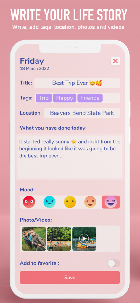 Secret Diary : with lock - Interfaz de la aplicación Diario Secreto que muestra una entrada de diario con selección de estado de ánimo y adjuntos de fotos.