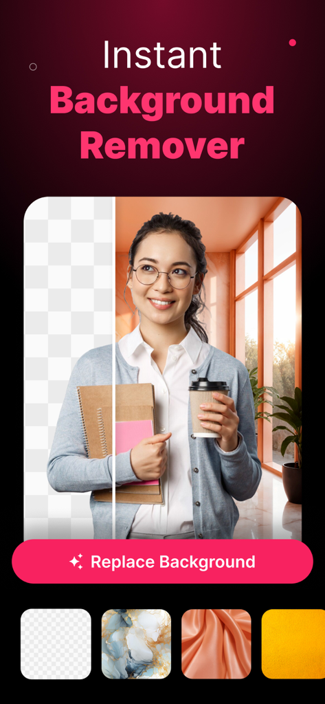 Interfaz de la herramienta AI Background Remover mostrando a una mujer con el fondo parcialmente borrado y opciones de reemplazo personalizadas.