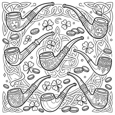 Step into a world of Irish folklore with this intricate coloring page featuring a collection of charming leprechaun pipes. Surrounded by lucky shamrocks and ancient Celtic knots, it promises a delightful and immersive coloring experience.