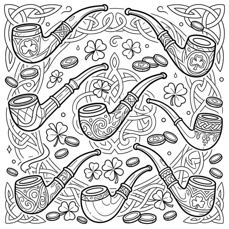 Step into a world of Irish folklore with this intricate coloring page featuring a collection of charming leprechaun pipes. Surrounded by lucky shamrocks and ancient Celtic knots, it promises a delightful and immersive coloring experience.