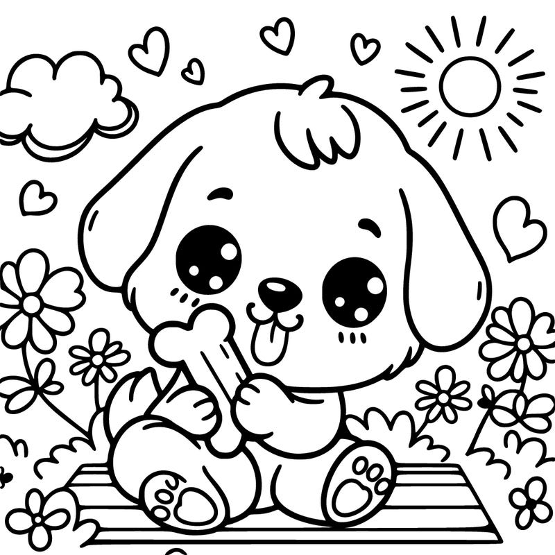 cute puppy playing with bone with a flower background and sun