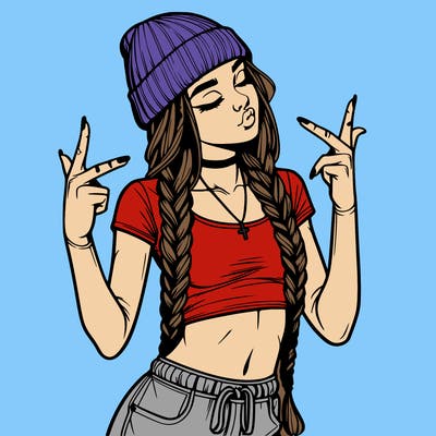 realistic teenage girl with braids and a beanie and crop top doing 🫶🏼