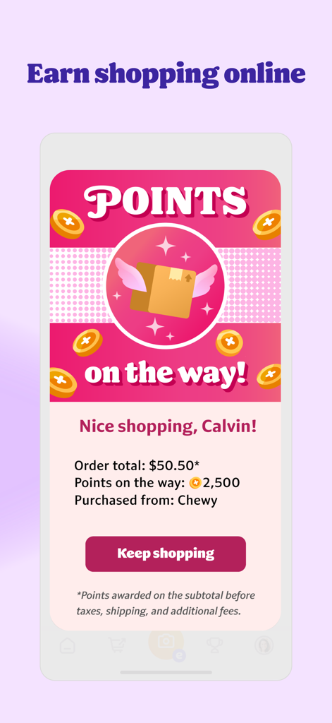 Fetch: America’s Rewards App - Schermata di un'app mobile che mostra i punti guadagnati da un ordine di shopping online su Fetch.