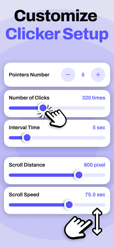 Interface de l'application mobile pour personnaliser les paramètres de l'auto-cliqueur, y compris les pointeurs, les clics, l'intervalle de temps et la vitesse de défilement.