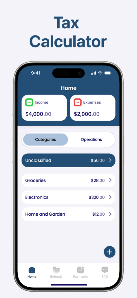 Pantalla de inicio de la aplicación IRS2Go Tax Calculator que muestra el seguimiento de ingresos y gastos con transacciones categorizadas.