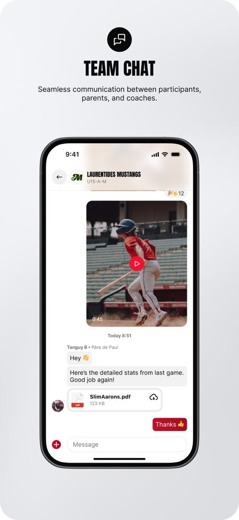 Spordle - Spordle app interface showing a sports team chat with a baseball video and messages between parents and coaches