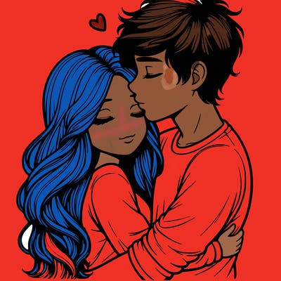 a realistic couple boy and girl hugging and kissing