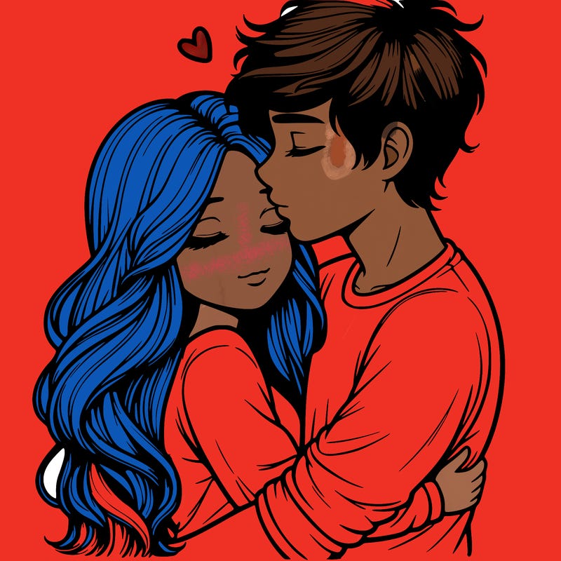a realistic couple boy and girl hugging and kissing