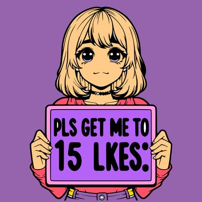 realistic girl holding up a sign that says “pls get me to 15 likes!”