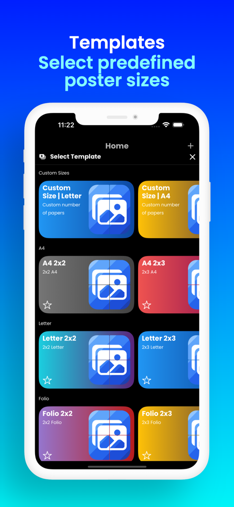 Docuslice - Poster Printing - Docuslice app screen showing predefined poster templates for A4 and Letter size paper grids