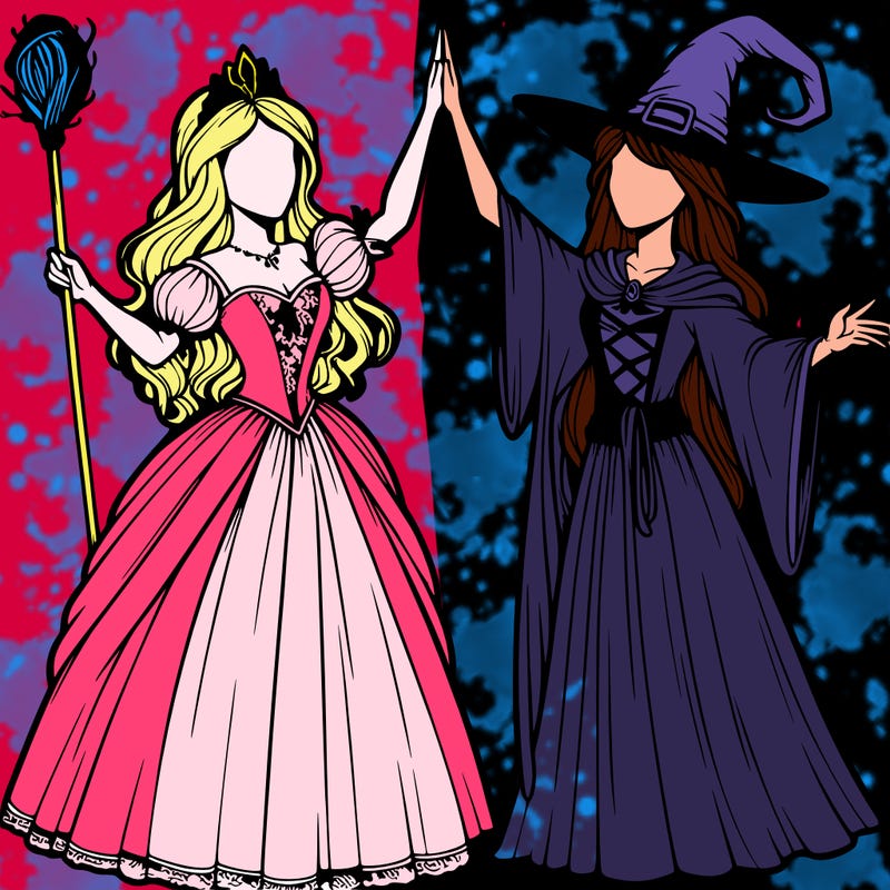 detailed realistic split of a princess and a witch