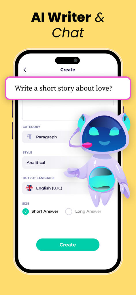 AI Writer - Essay Writing App - Interfaccia dell'app AI Writer che mostra opzioni per generare un racconto breve con stile analitico in inglese