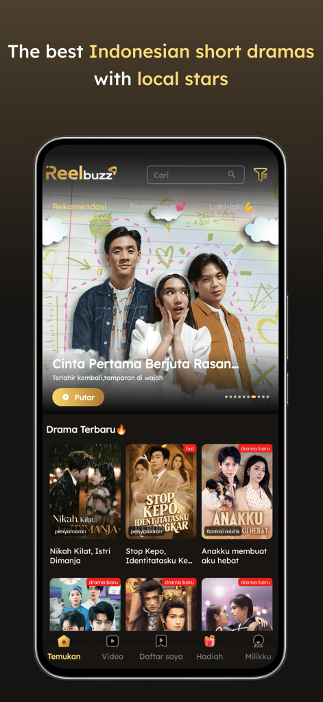 Reelbuzz - Drama Pendek Shorts - Pantalla de inicio de la aplicación Reelbuzz que muestra series cortas de drama indonesias destacadas y miniaturas
