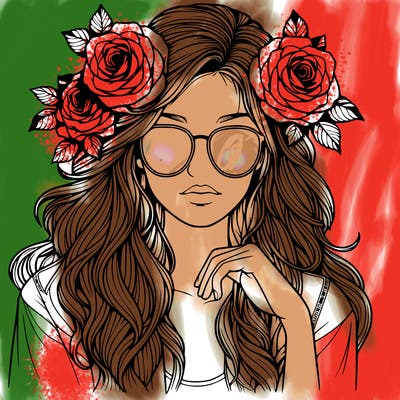realistic girl with roses in hair and sunglasses