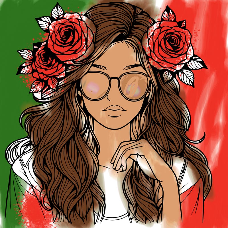 realistic girl with roses in hair and sunglasses