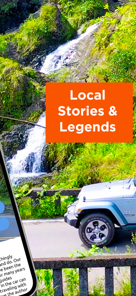 A silver Jeep parked on a scenic road next to a lush tropical waterfall in Maui with a text overlay for Local Stories and Legends