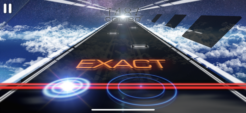 MUSYNX - 별이 빛나는 밤하늘 배경의 트랙에서 정확한 등급과 높은 콤보를 보여주는 MUSYNX 리듬 게임 플레이 스크린샷