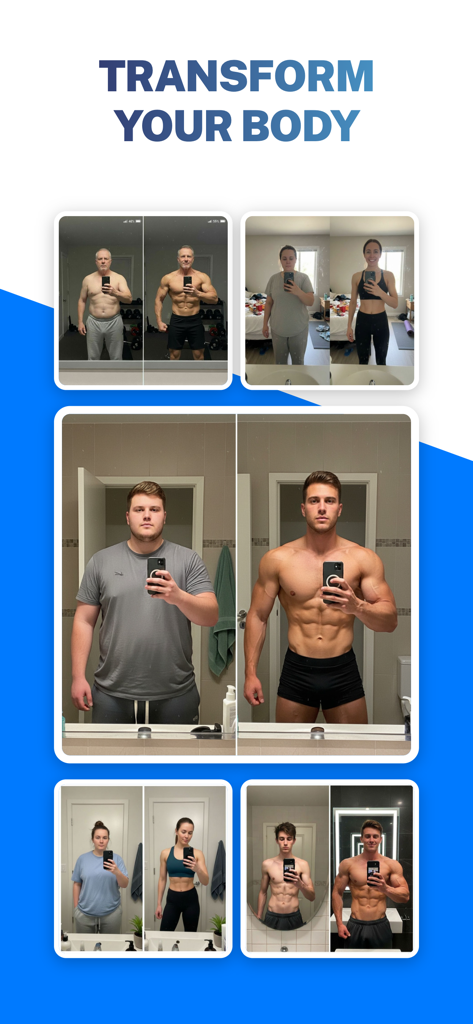 Before and after fitness transformation photos showing weight loss and muscle gain results.
