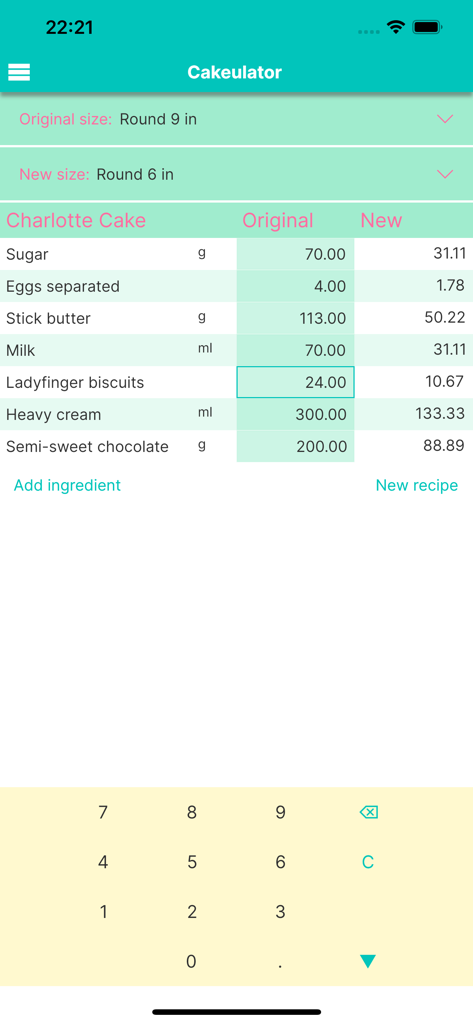 Cakeulator app screen converting a Charlotte cake recipe from a 9-inch round pan to a 6-inch round pan