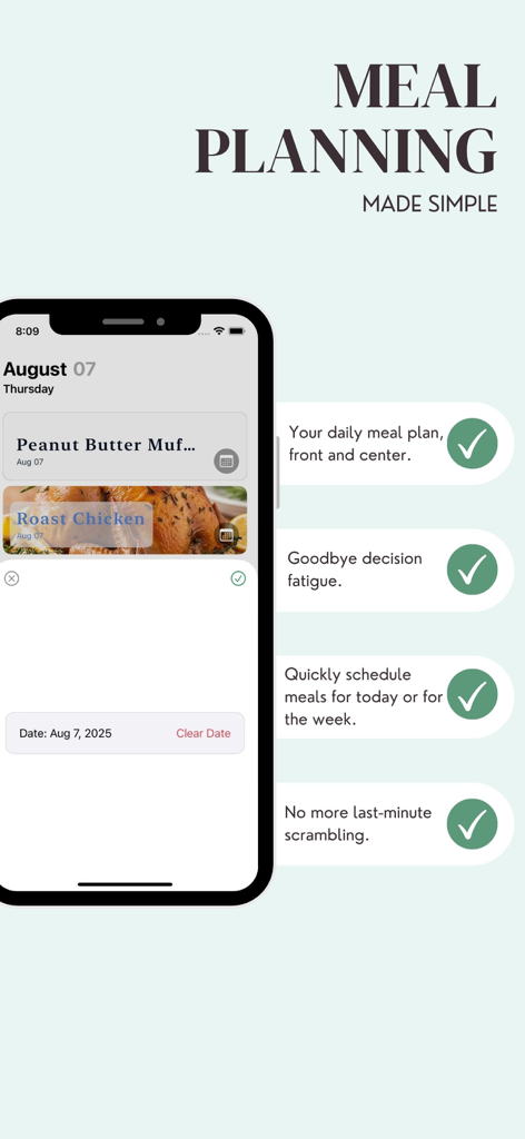 Zest Recipe Planner - 스마트폰의 Zest 앱 인터페이스, 땅콩버터 머핀과 로스트 치킨이 있는 일일 식사 계획 표시