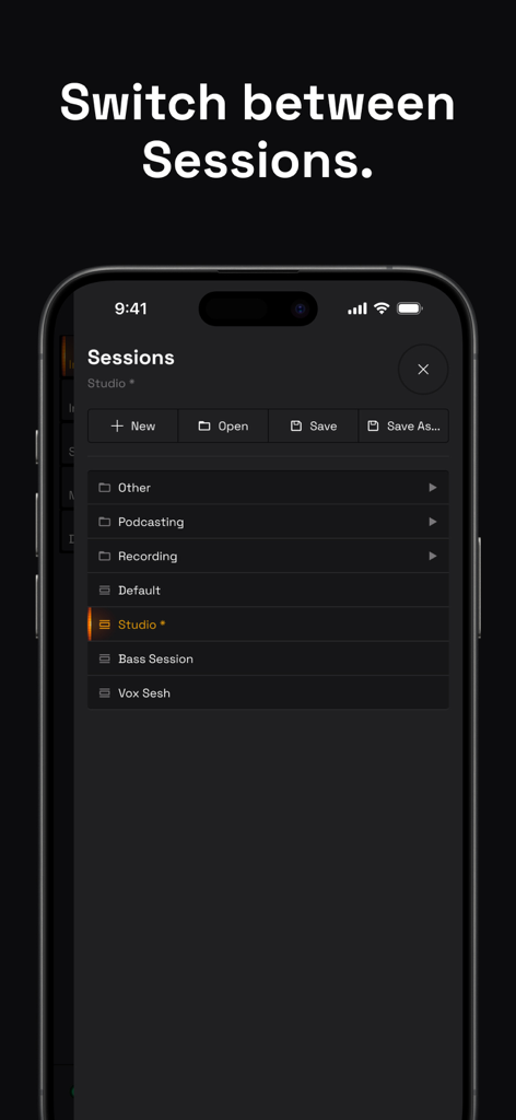 Console Remote Control - A screenshot of the Console Remote Control app sessions menu displaying options to open and switch between recording projects like Podcasting and Studio.