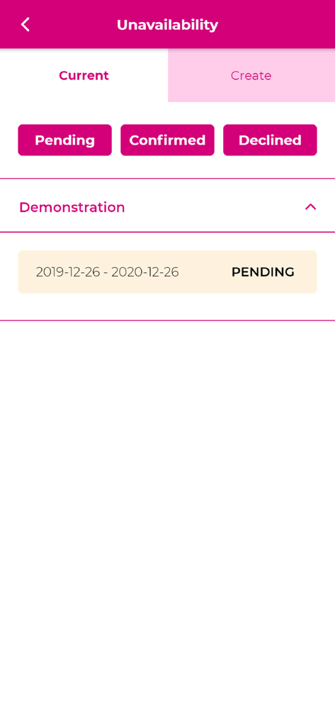 Wageloch Mobile - Wageloch Mobile app interface showing the current unavailability status and pending requests