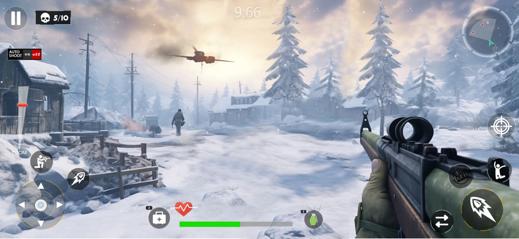 WW2 Shooter Heroes Fire War - First-person shooter gameplay in a snowy World War II battlefield featuring a rifle and combat HUD