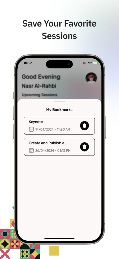 Flutter MENA Online Conference - 저장된 세션 목록이 있는 플러터 MENA 온라인 컨퍼런스 앱의 내 북마크 기능이 표시되는 스마트폰 디스플레이