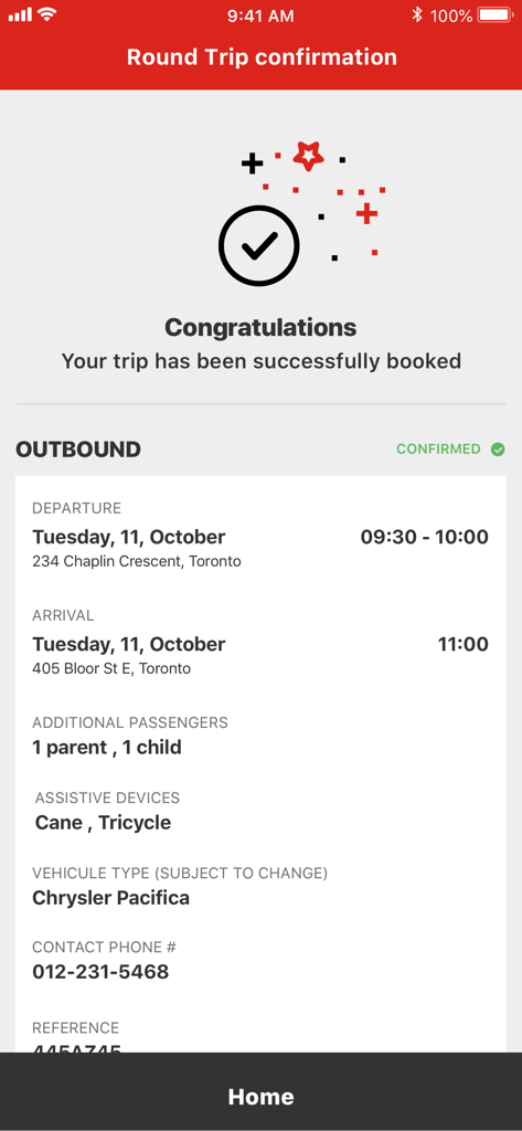 Wheel-Transアプリでの確認画面。出発・到着の詳細と共に、正常に予約された往復旅行を表示。