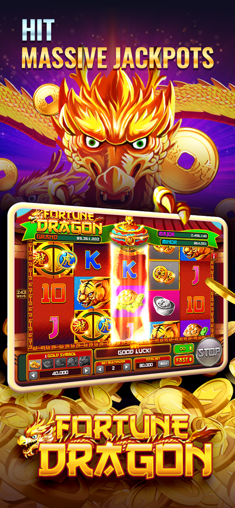 Gold Party Casino - Fortune Dragon slot machine in Gold Party Casino showing a massive jackpot display