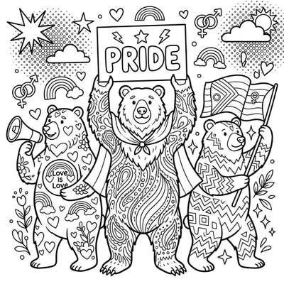 Join three joyous Pop Art bears as they celebrate Pride Month with signs, flags, and symbols of love. This vibrant coloring page is perfect for all ages to express creativity and solidarity.