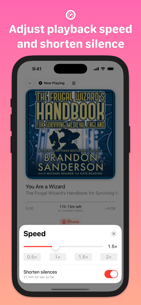Every Word: Audiobook Player - Audiobook player interface with speed adjustment and shorten silences feature